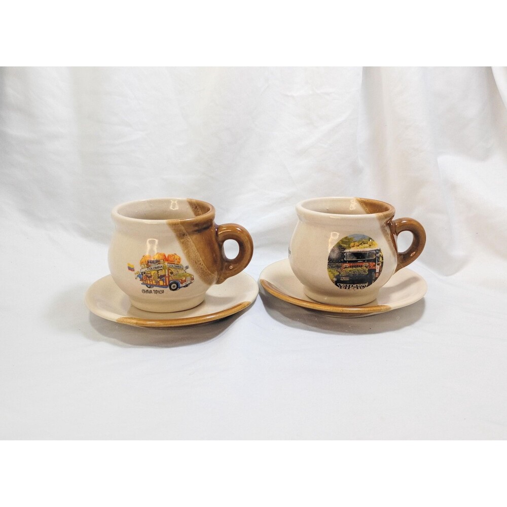 Set of 2 Vintage Stoneware Cups with Saucers - Santa Rosa de Cabal Columbia